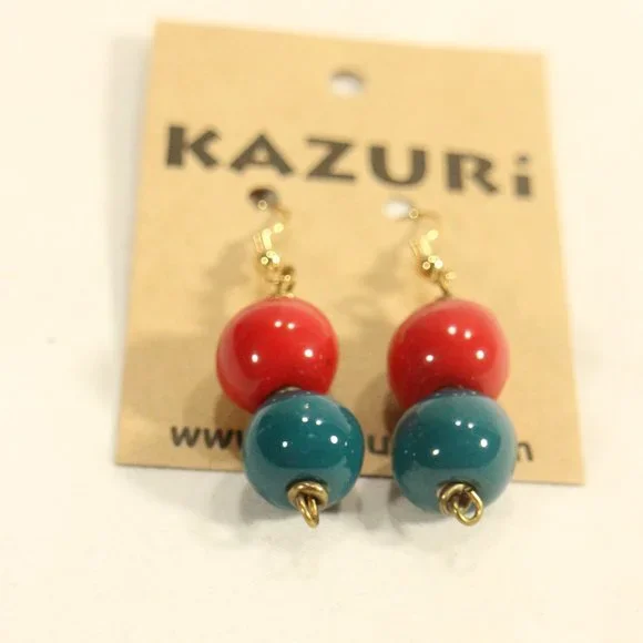 KAZURI Handmade Beaded Red and Green Earrings Sz OS - Picture 3 of 3